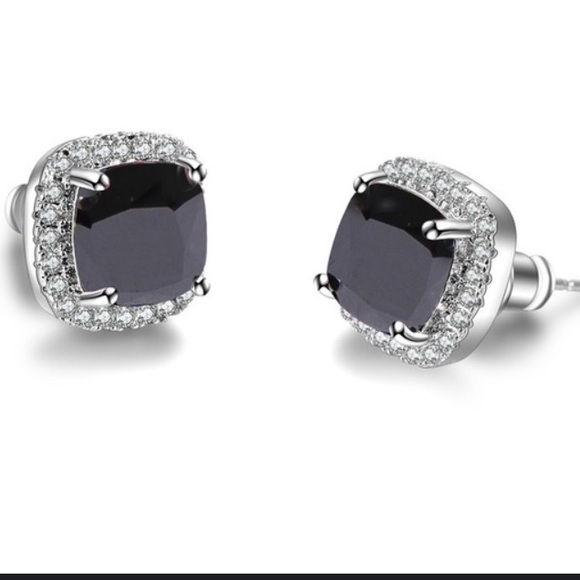 LAST PAIR Black Sapphire Halo Stud Silver Earrings - Picture 2 of 6